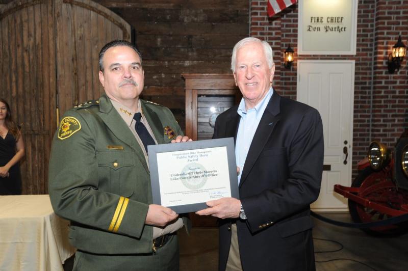 Rep. Mike Thompson presents Undersheriff Chris Macedo. Lake County Sheriff's Office Public Safety Hero Award
