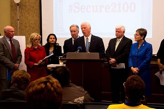 Rep. Thompson speaks at a press conference to introduce the Social Security 2100 Act.